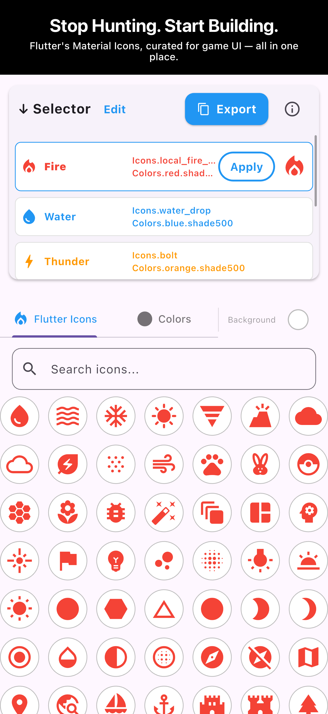 Browse Material Icons curated for Flutter game UI